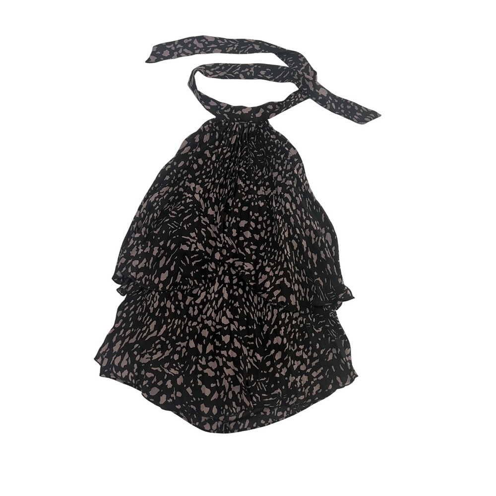 Parker Women XS Halter Neck Tiered Ruffle Blouse Animal Print Black Mauve (1030)